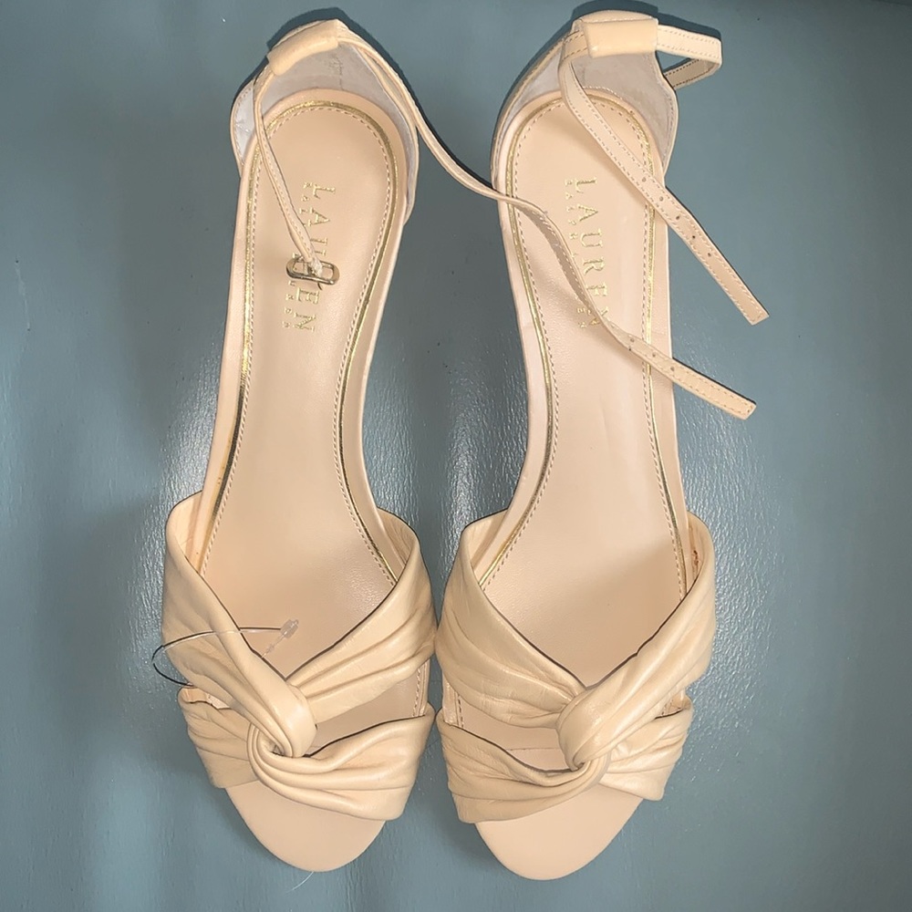 NWOT Lauren RL Mireya Leather Low Wedge Neutral SandalL - Picture 4 of 9